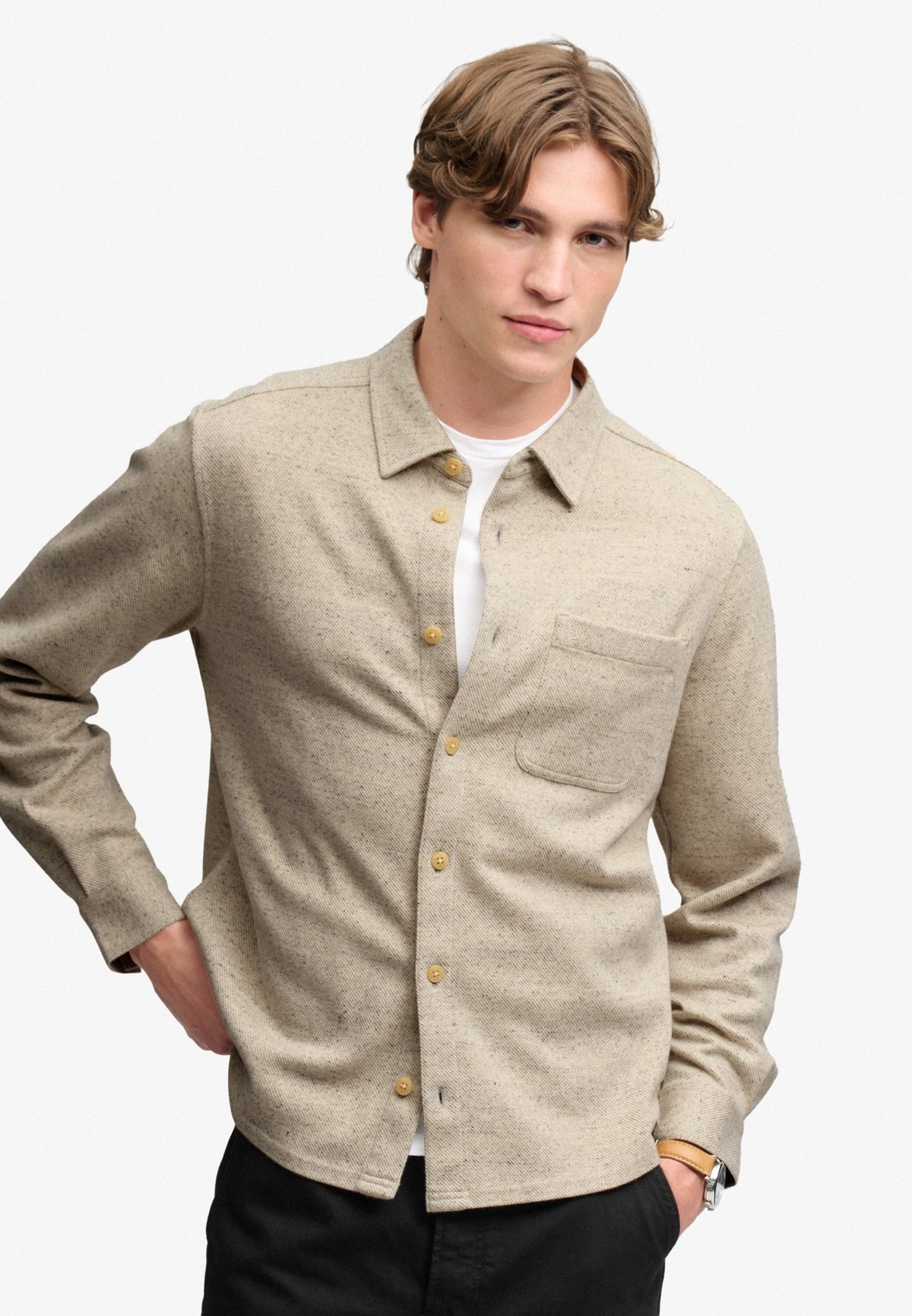 Superdry Herren Hemden lang Oz Ecru Tweed