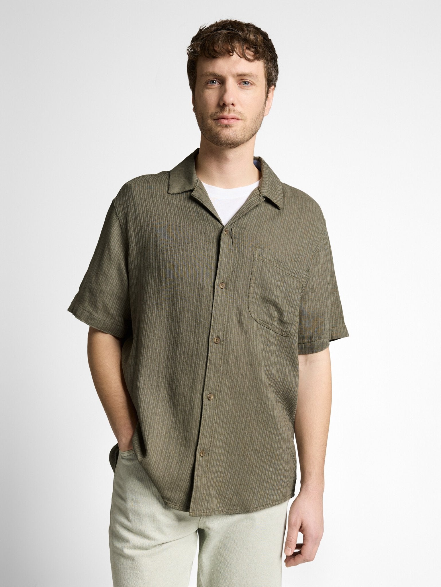 Tom Tailor Herren Hemden kurz Leaf Green Stri